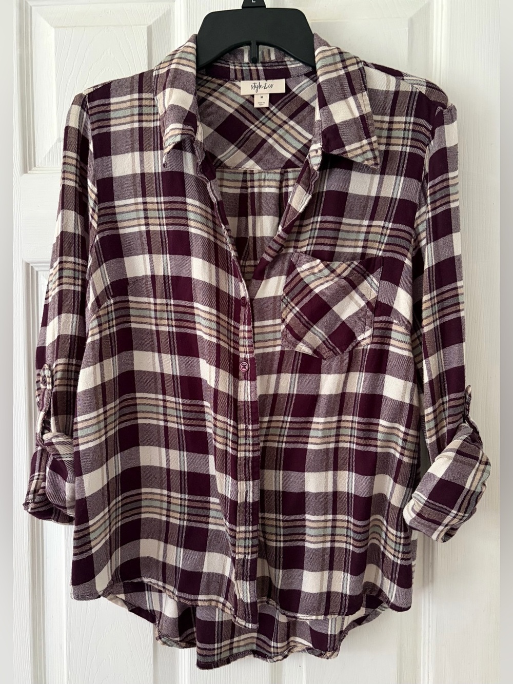 Style & Co. Burgundy and Cream Plaid Button-Front Shirt